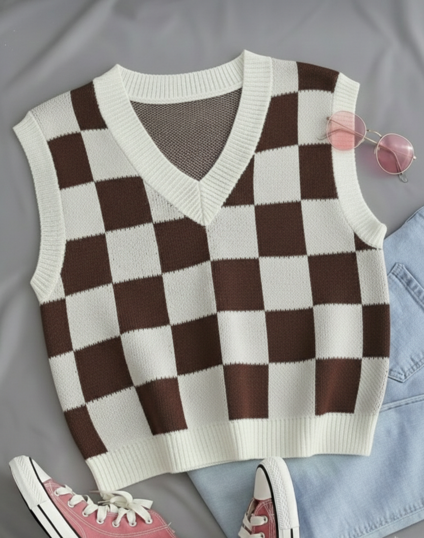 Kadın Kahverengi Kare DESENLİ Oversize Triko Süveter