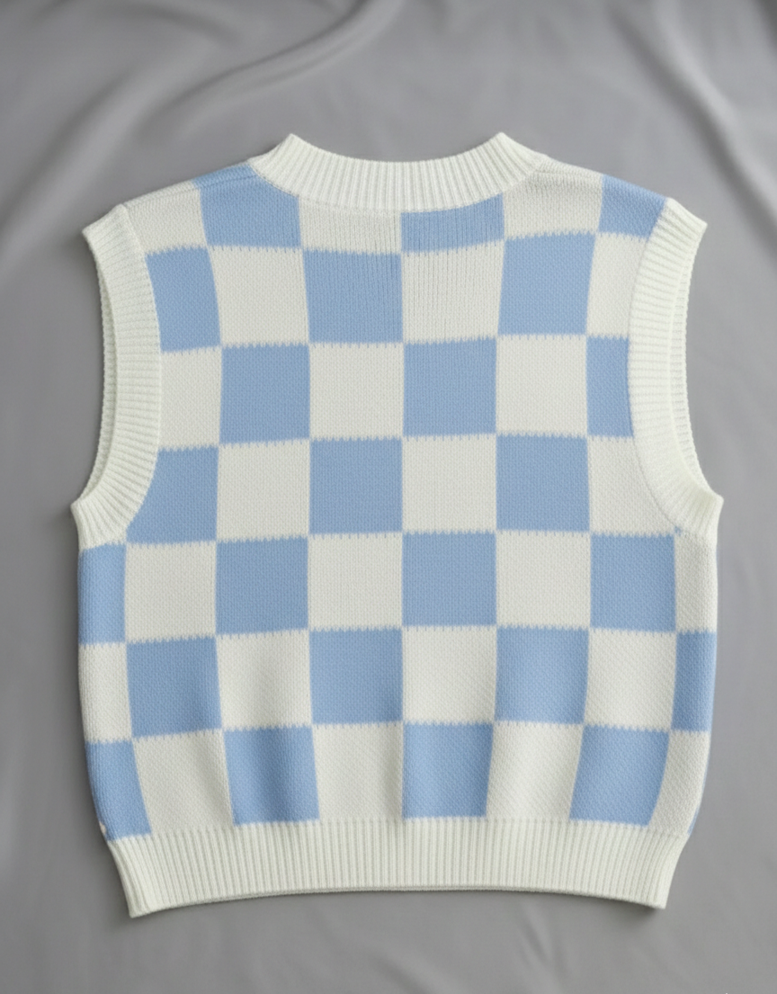 Kadın Bebe Mavi Kare Desen  Oversize Triko Süveter