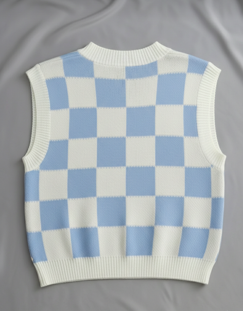 Kadın Bebe Mavi Kare Desen  Oversize Triko Süveter