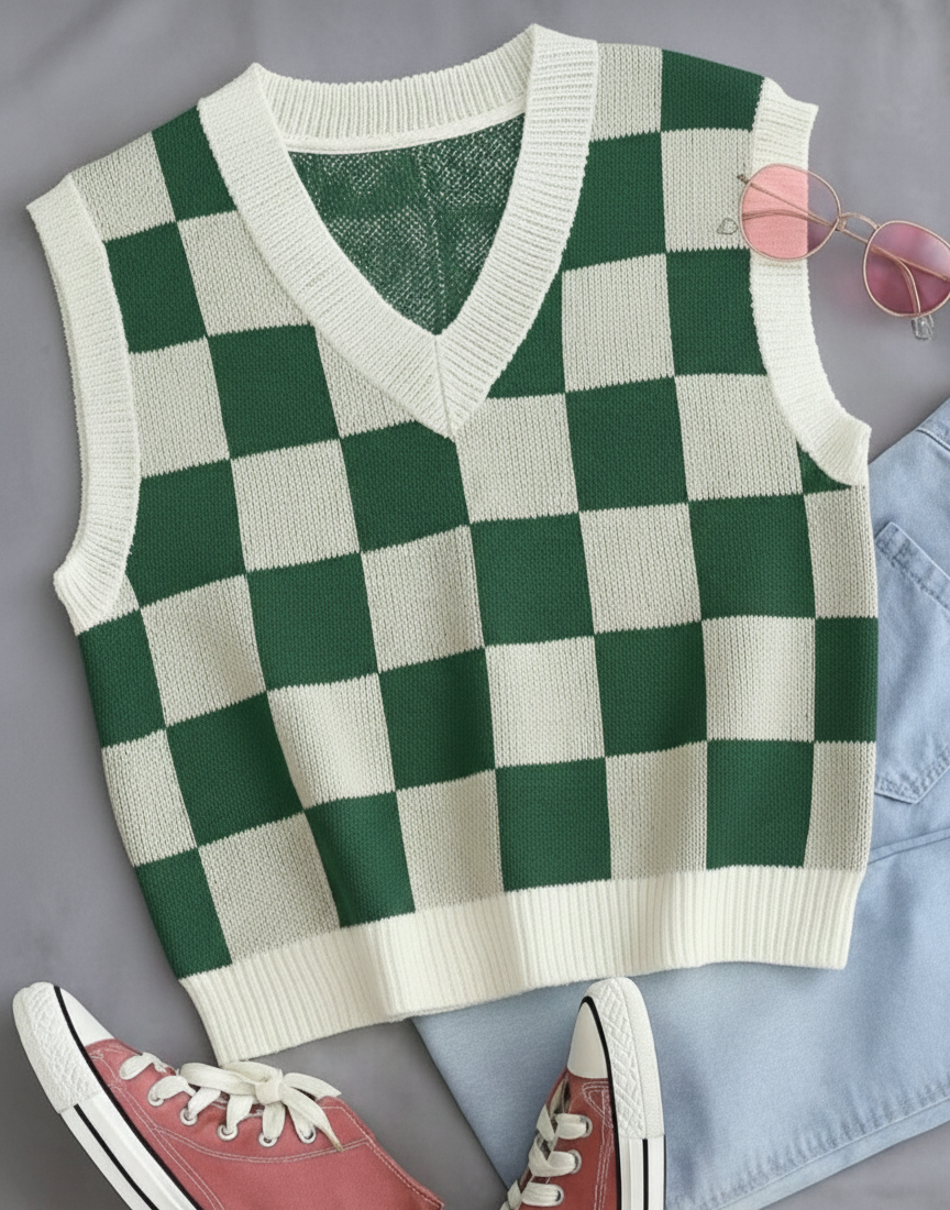 Kadın Yeşil Kare DESENLİ Oversize Triko Süveter