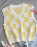Kadın Limon Sarı Kare DESENLİ Oversize Triko Süveter