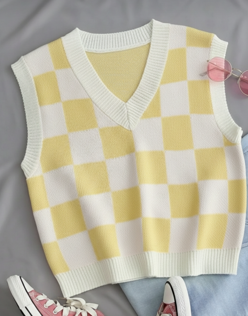 Kadın Limon Sarı Kare DESENLİ Oversize Triko Süveter