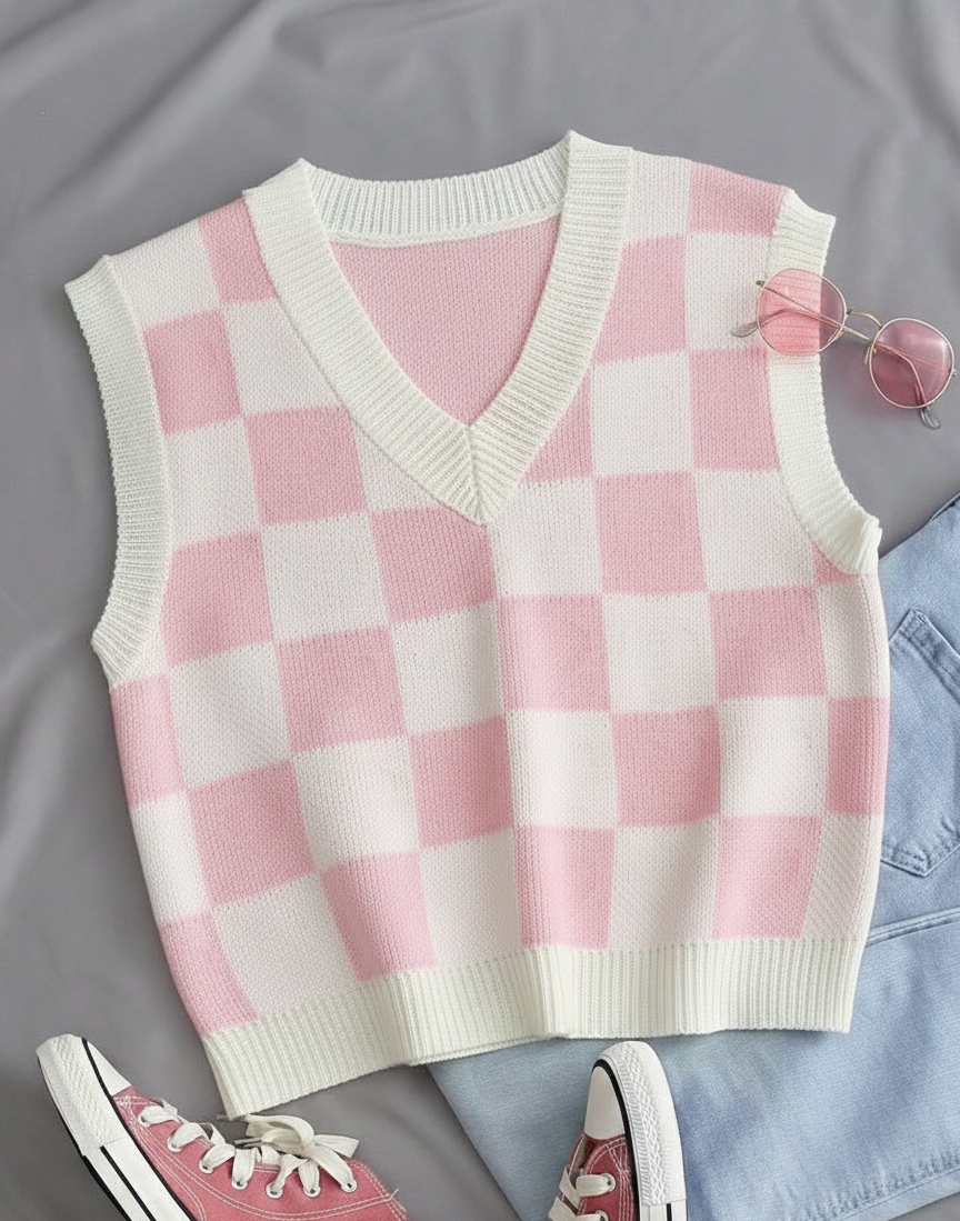 Kadın Pembe Pudra Kare DESENLİ Oversize Triko Süveter