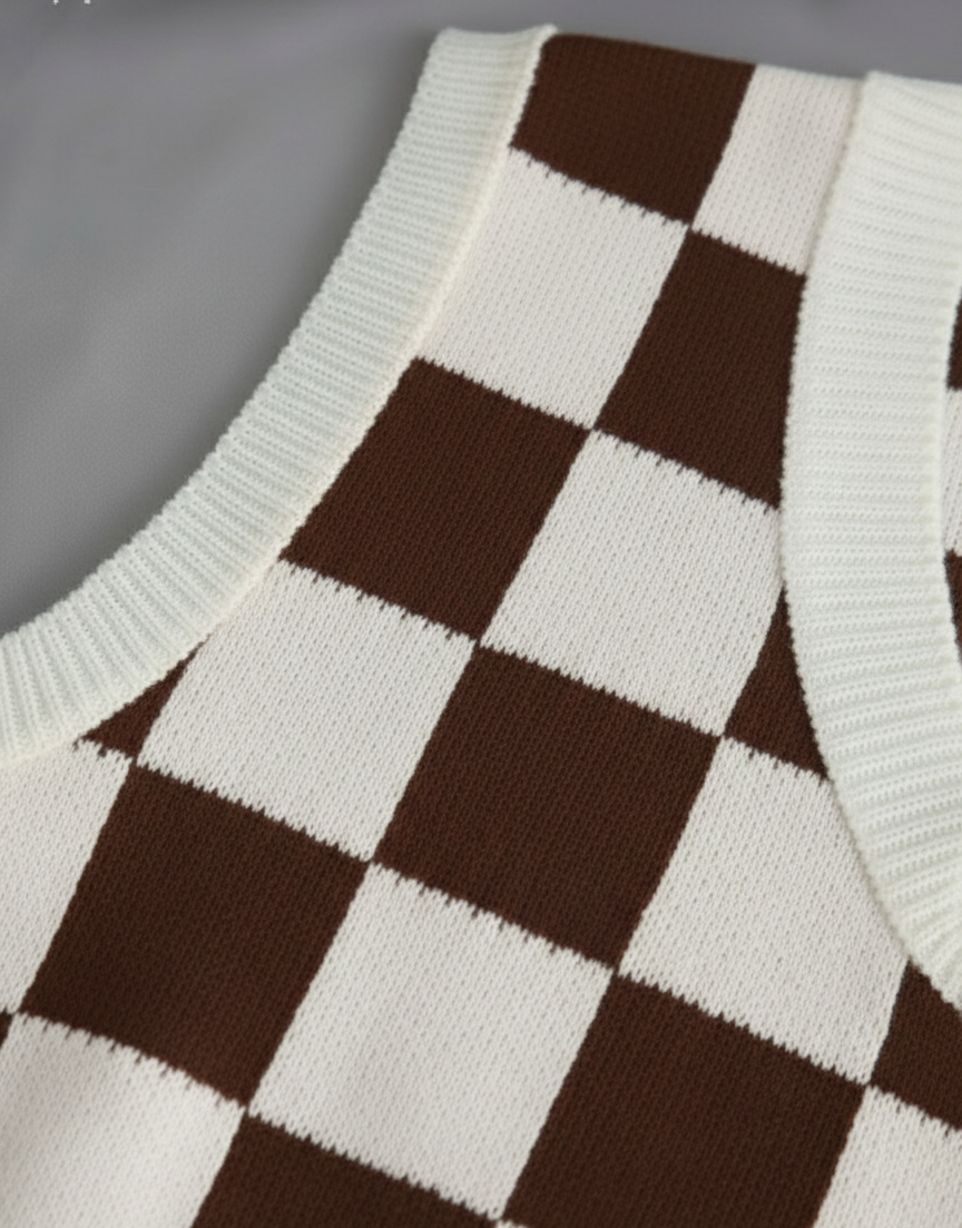 Kadın Kahverengi Kare DESENLİ Oversize Triko Süveter