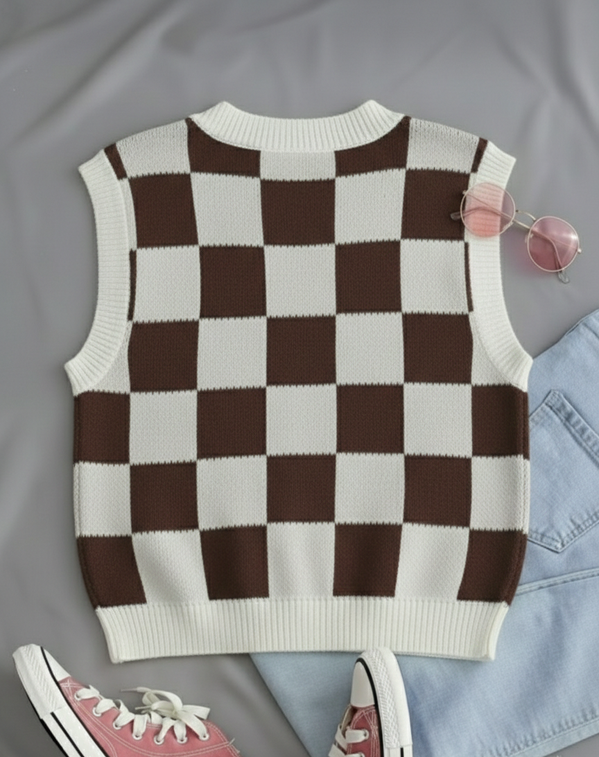 Kadın Kahverengi Kare DESENLİ Oversize Triko Süveter