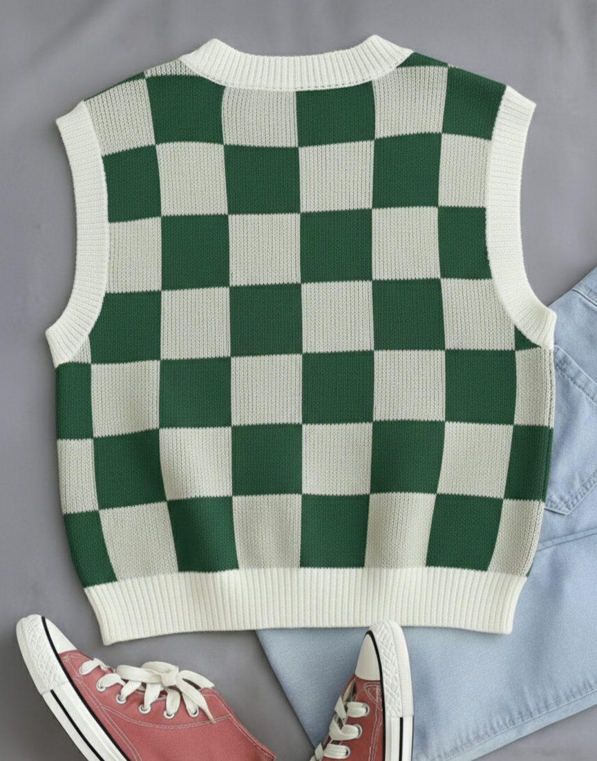 Kadın Yeşil Kare DESENLİ Oversize Triko Süveter