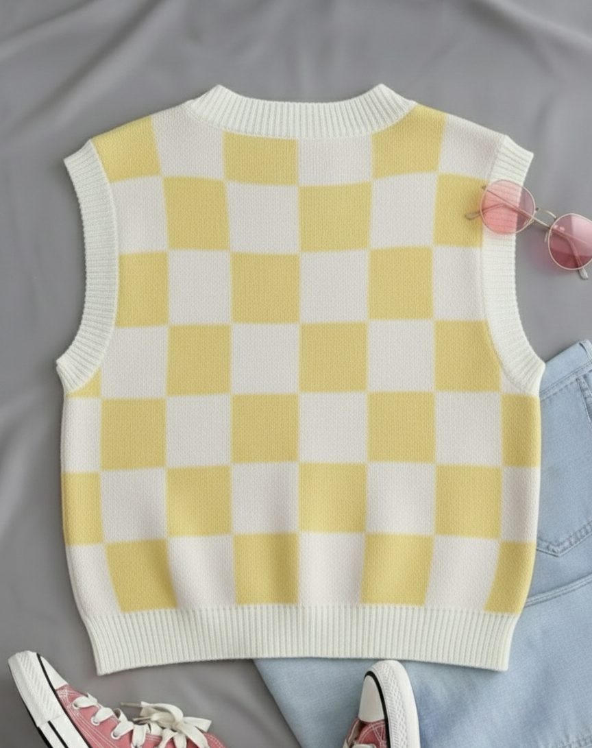 Kadın Limon Sarı Kare DESENLİ Oversize Triko Süveter