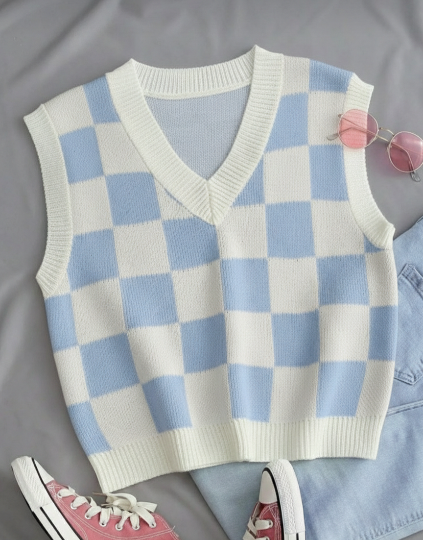 Kadın Bebe Mavi Kare Desen  Oversize Triko Süveter
