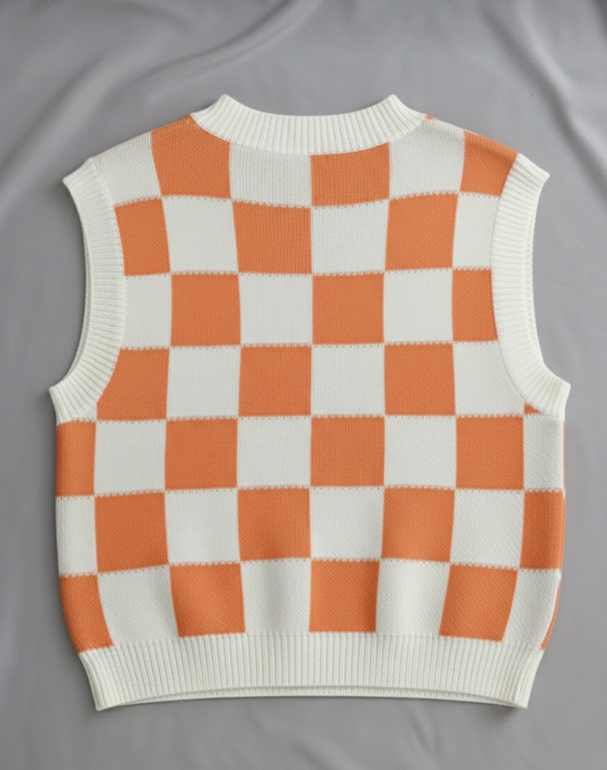 Kadın Turuncu Kare DESENLİ Oversize Triko Süveter