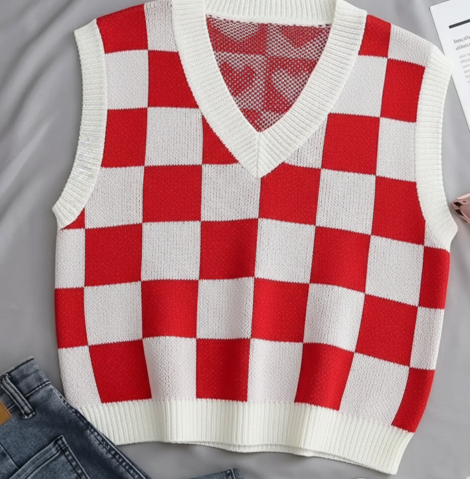 Kadın Bebe KIRMIZI Kare Desen  Oversize Triko Süveter