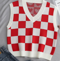 Kadın Bebe KIRMIZI Kare Desen  Oversize Triko Süveter