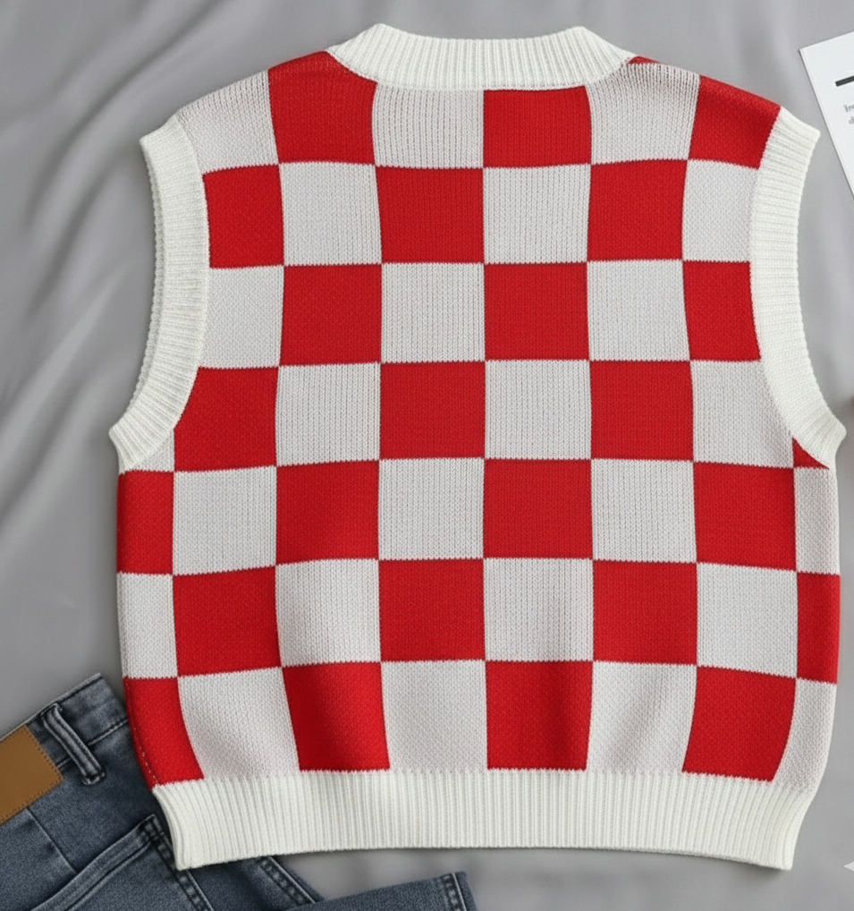 Kadın Bebe KIRMIZI Kare Desen  Oversize Triko Süveter