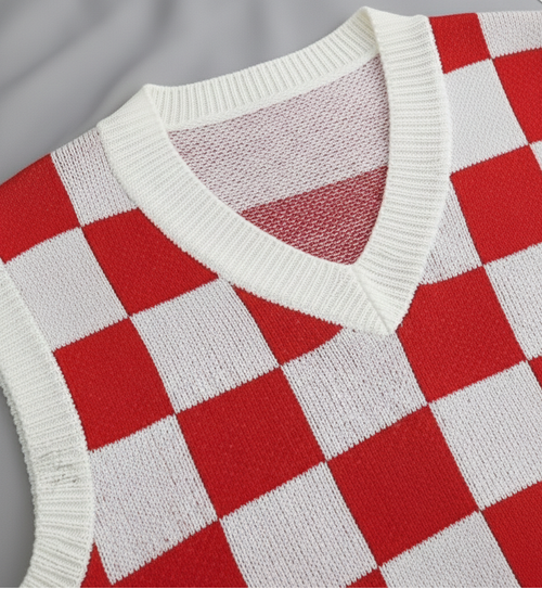 Kadın Bebe KIRMIZI Kare Desen  Oversize Triko Süveter