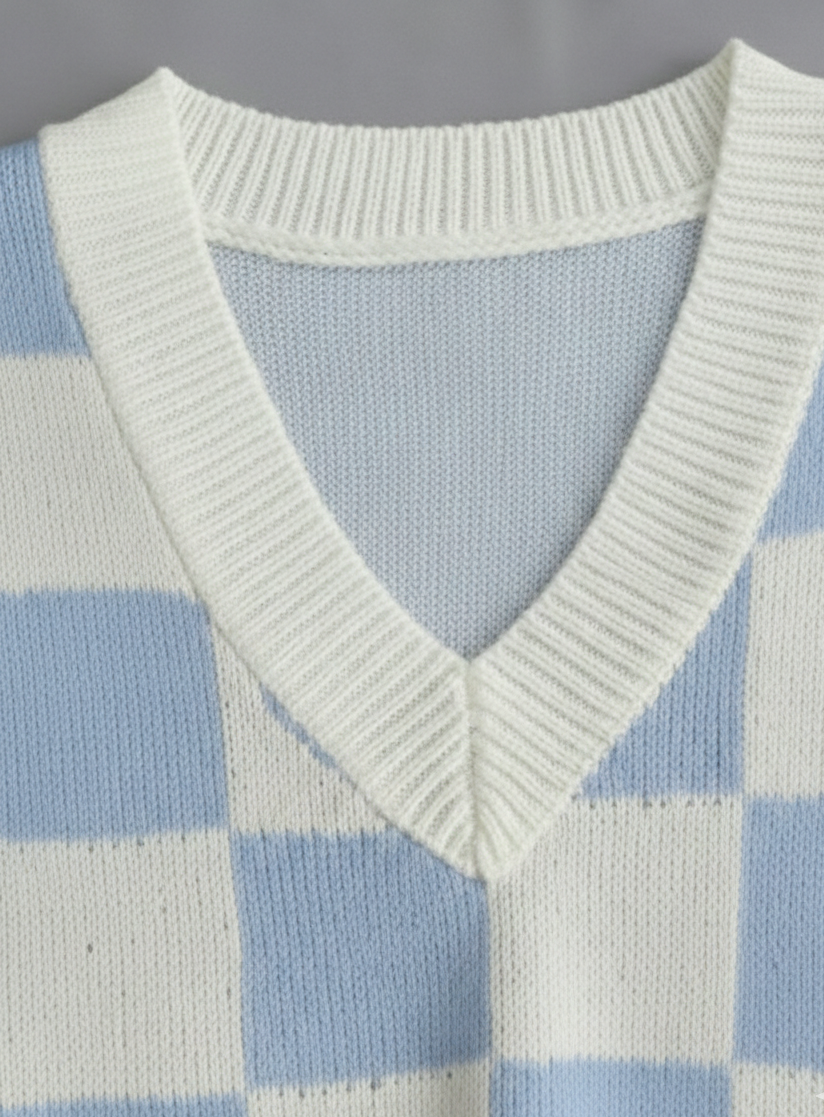 Kadın Bebe Mavi Kare Desen  Oversize Triko Süveter