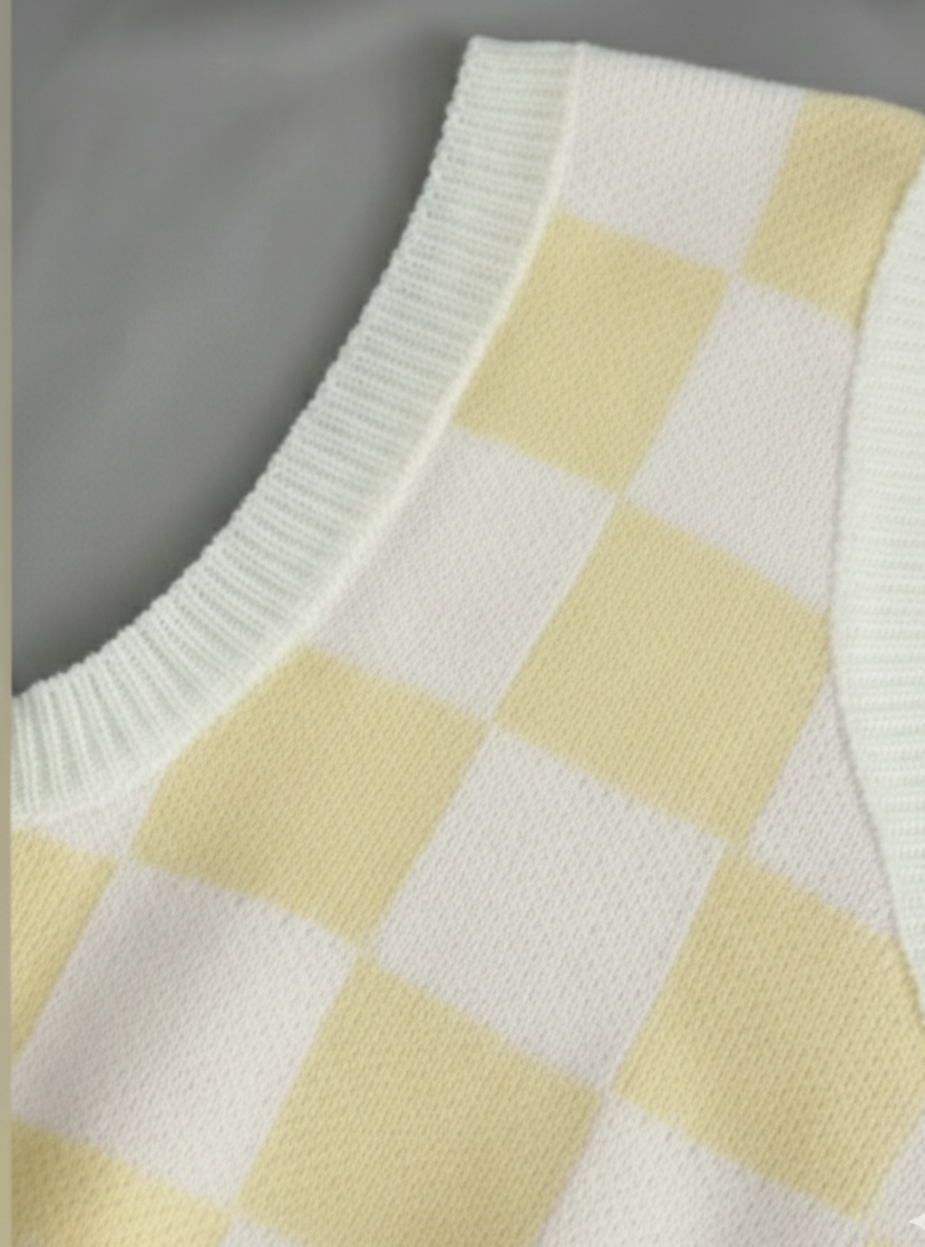 Kadın Limon Sarı Kare DESENLİ Oversize Triko Süveter
