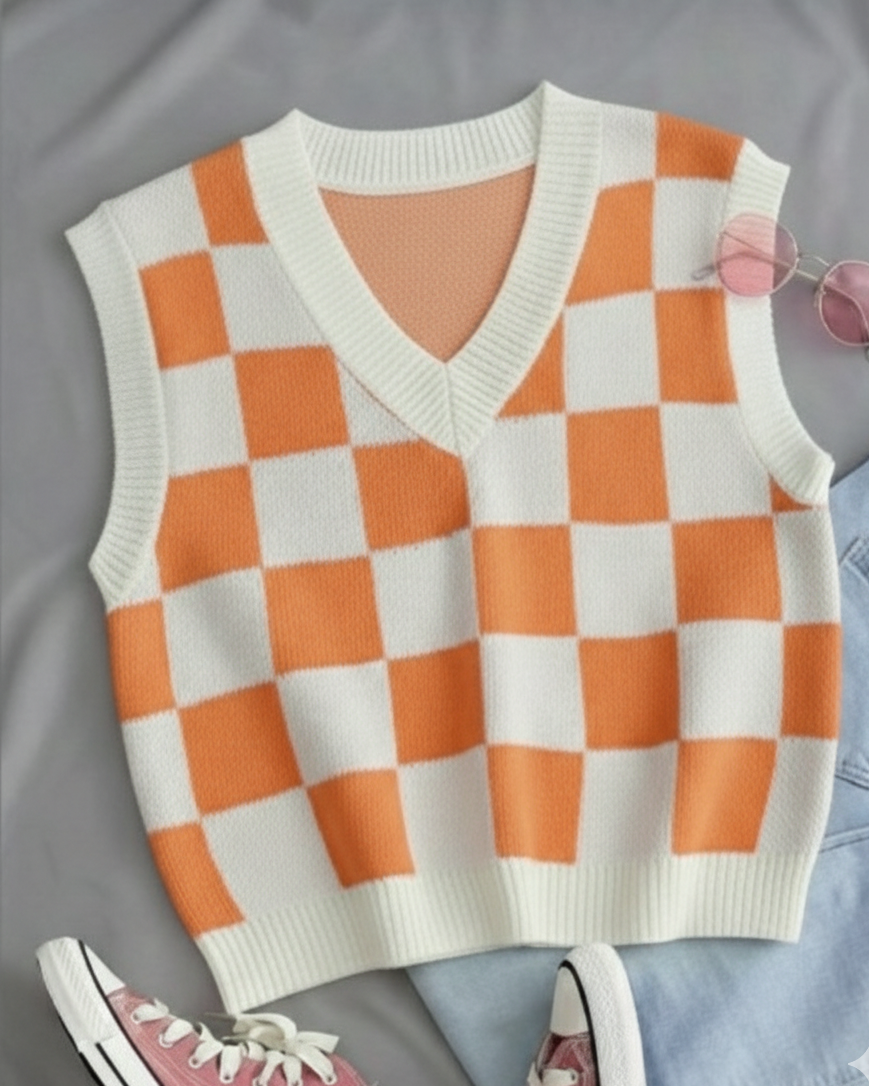 Kadın Turuncu Kare DESENLİ Oversize Triko Süveter
