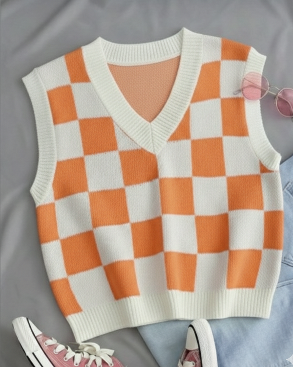 Kadın Turuncu Kare DESENLİ Oversize Triko Süveter